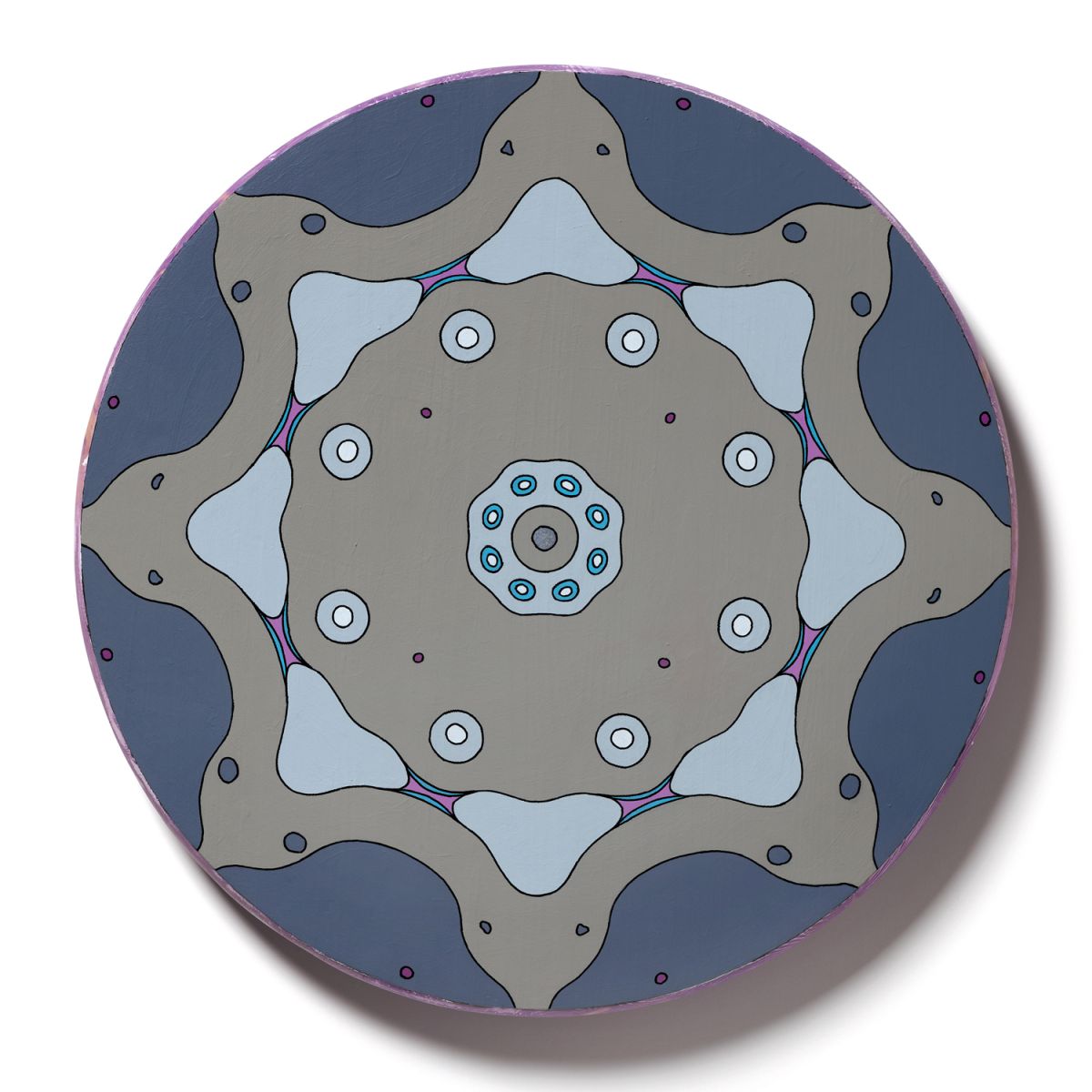 <br/>Stilton Bedrock, 2023<br/>18" diameter<br/>acrylic, opaque marker and glitter on wood